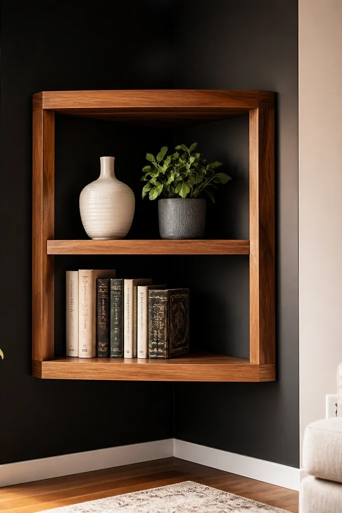 Wood face corner shelves with a matte black backer for contrast