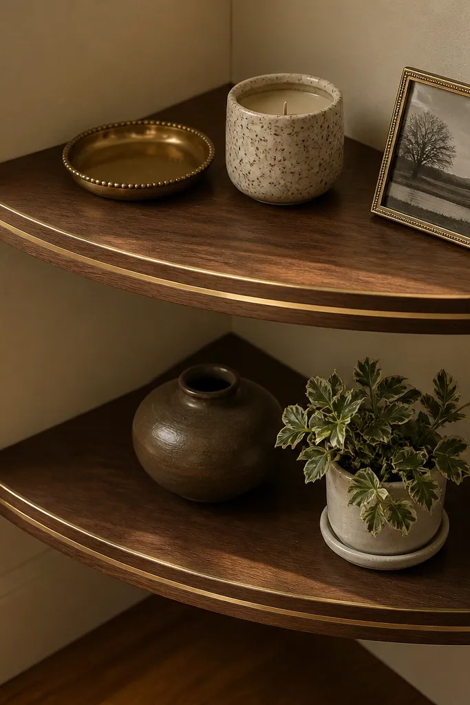 Two-tier corner shelf with warm wood and thin brass inlay strips along the face