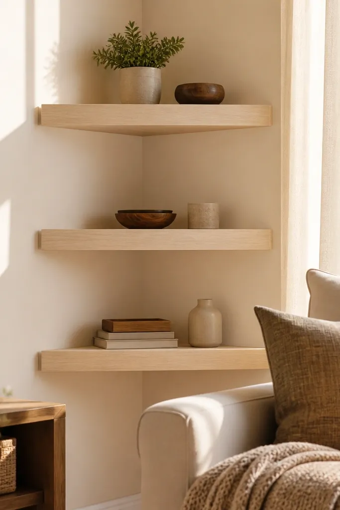 Minimal wood corner shelf with crisp micro bevel edges and clean wall reveal