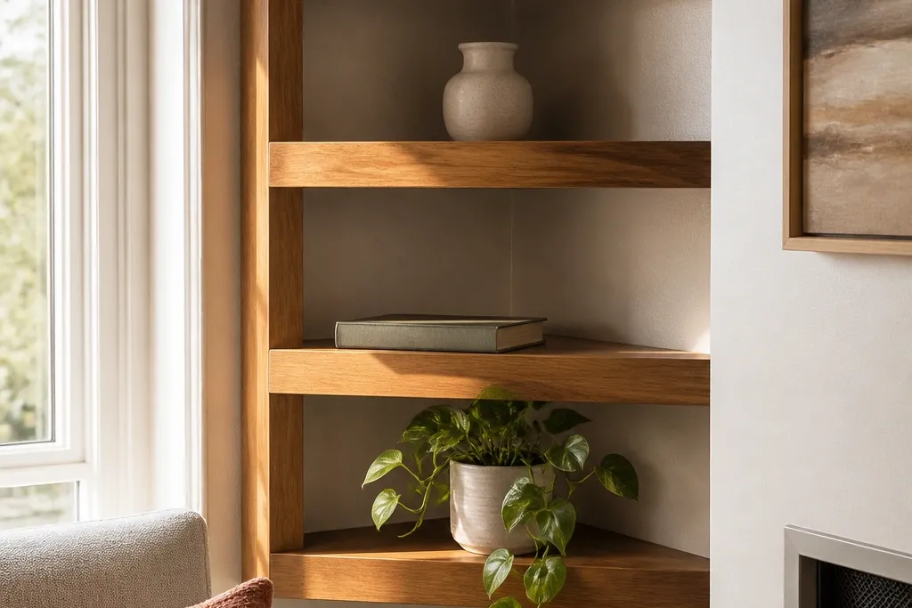 High-End Wood Corner Shelves for a Warm Look