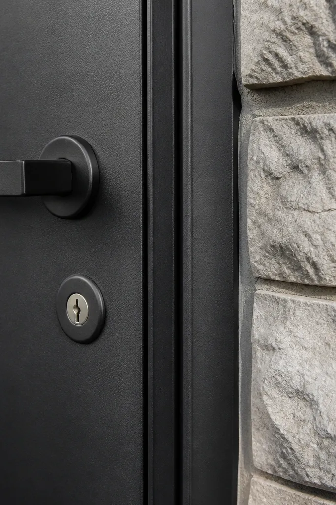 Matte black steel door with new gray weatherstrip and neat caulk line around the frame