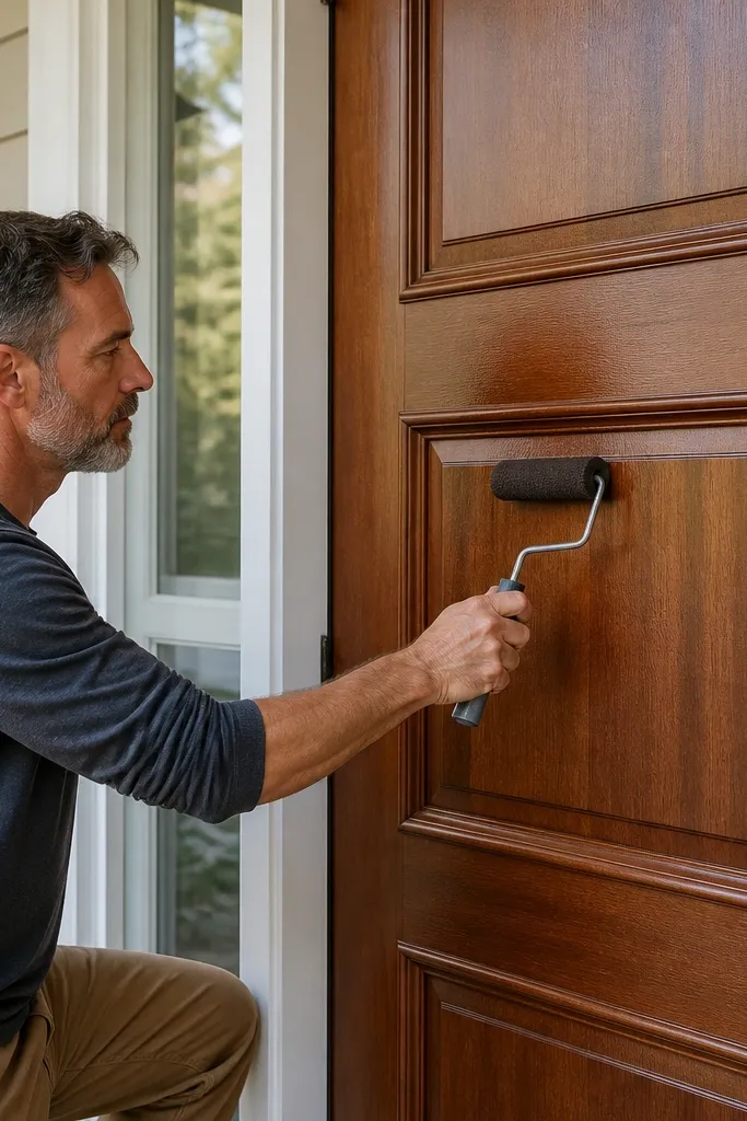 Warm walnut stained wood door with satin clear coat and darker grain on flat panels