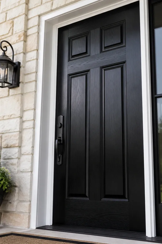 Jet black door with subtle wood-grain lines under satin clear and crisp panel borders