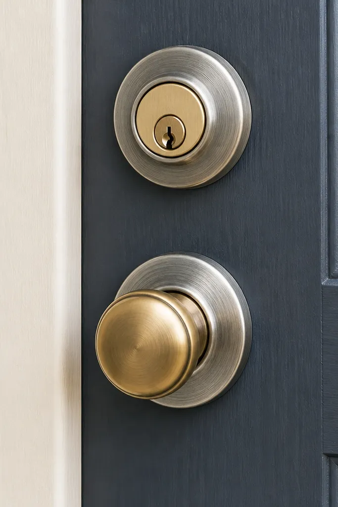 Door with new brass knob and deadbolt, satin nickel trim accents, and clean door face