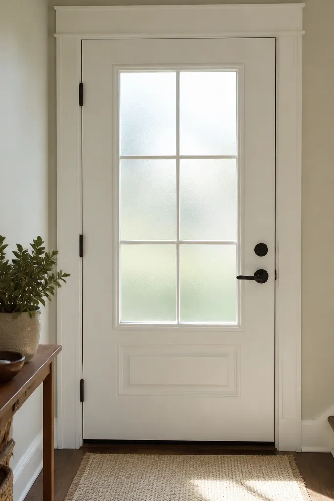 Door with frosted glass panel replacing clear glass, soft light through the opening