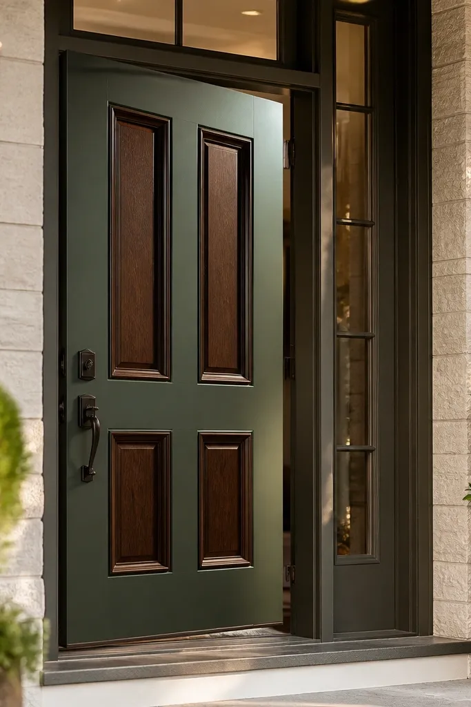 Door with painted outer panels and stained inset panels, clear separation lines
