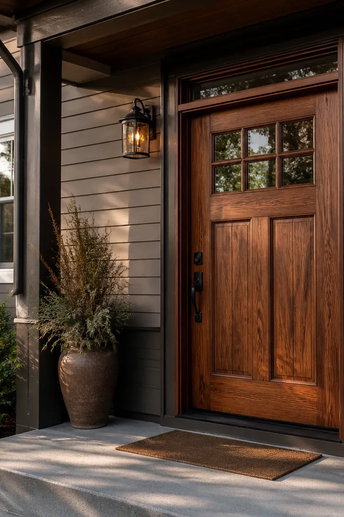 Cedar-toned stained door with visible grain and clear protective topcoat