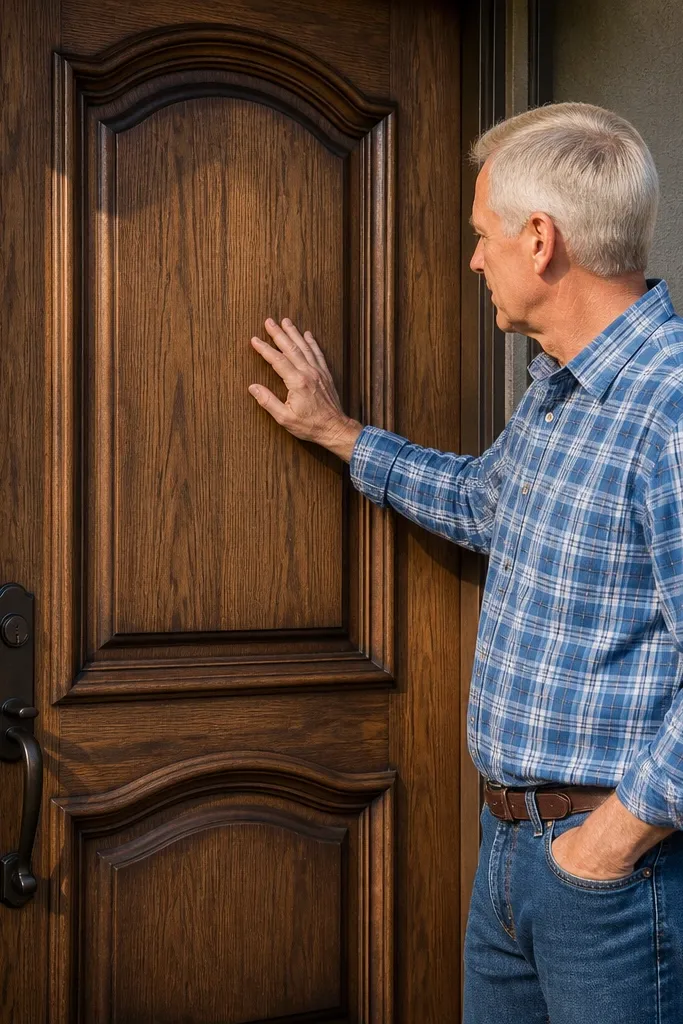 Wood door with darker glaze in grooves and lighter base stain on raised areas