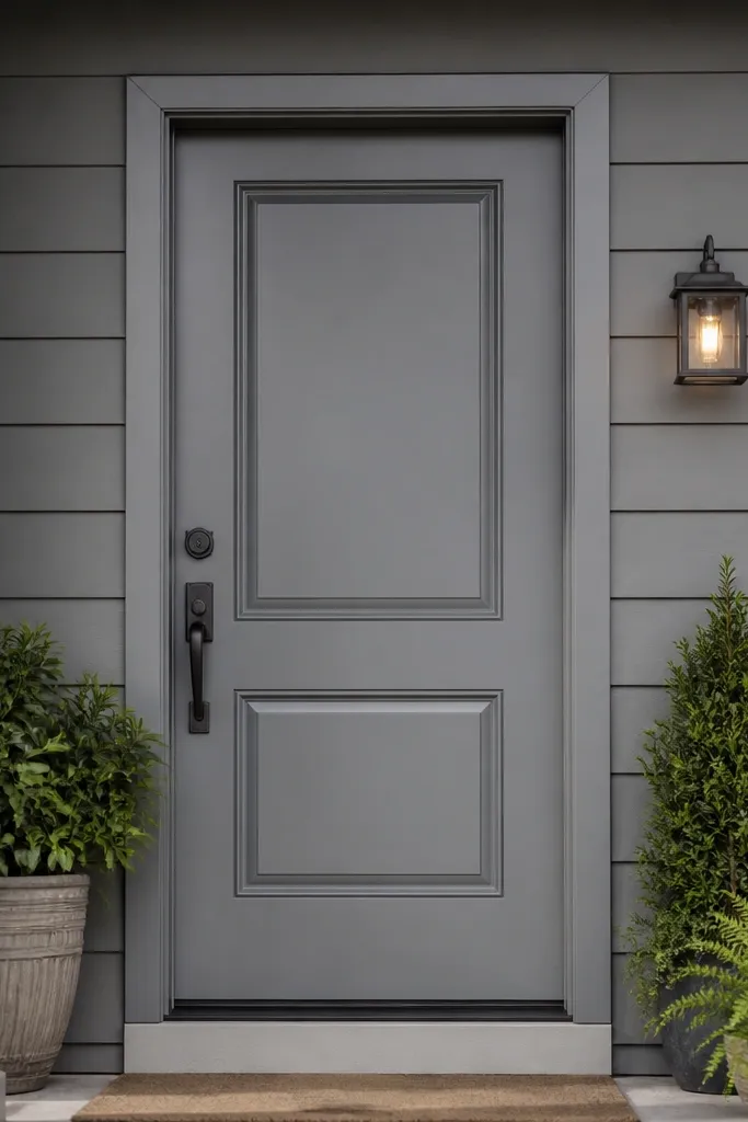 Cool gray door with satin finish and a clean gap line where the door meets the frame
