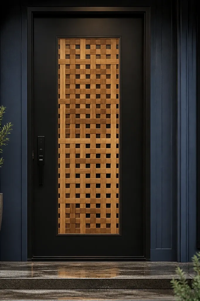 Matte black front door with a light oak lattice inset and warm wood accents
