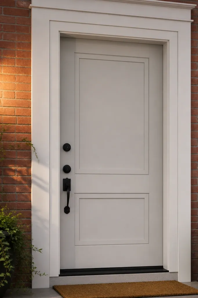 White front door with simple shaker-style trim rectangles around the center