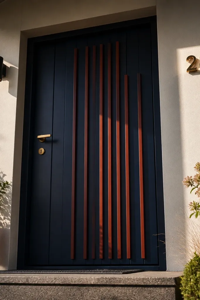 Dark navy front door with vertical rust slats centered in the frame