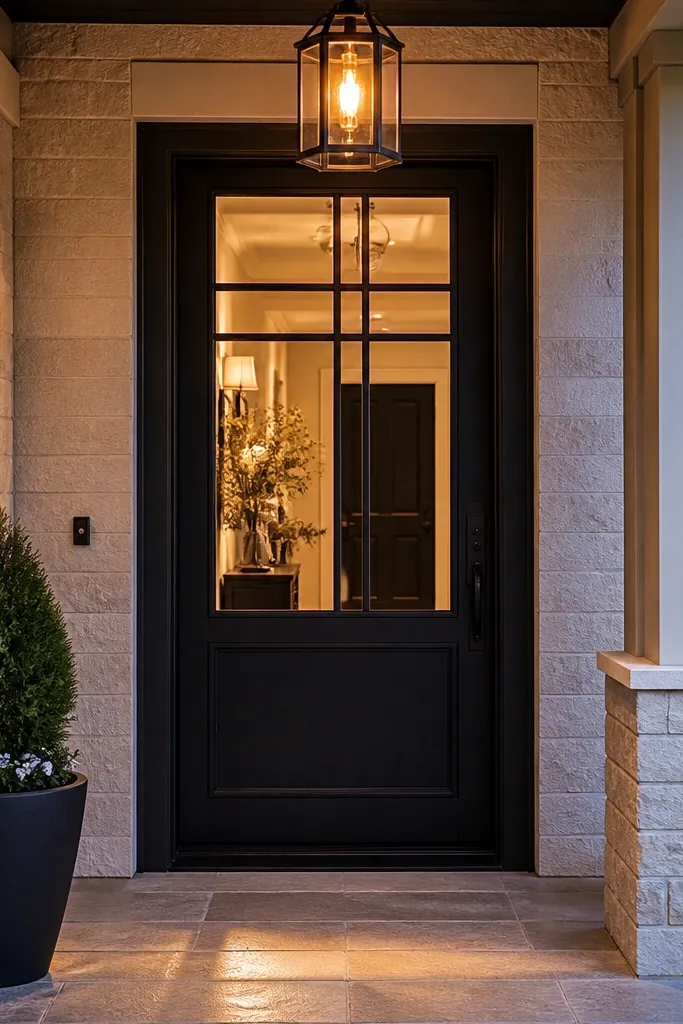 Front door with clear glass top section and black grid trim lines