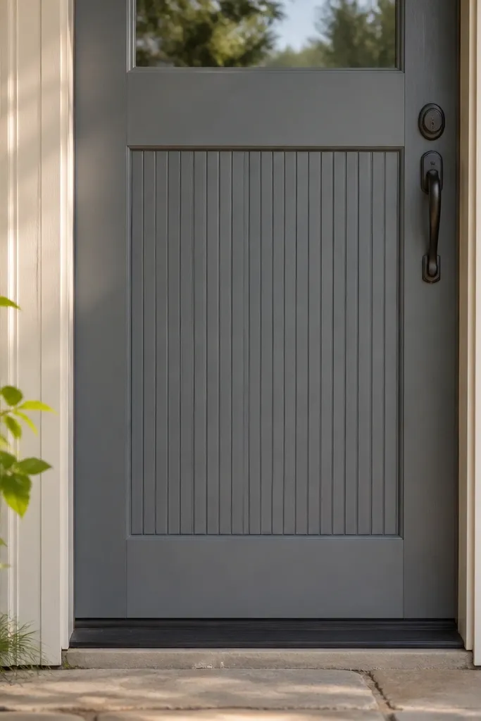 Warm white front door with a centered beadboard panel and crisp trim border