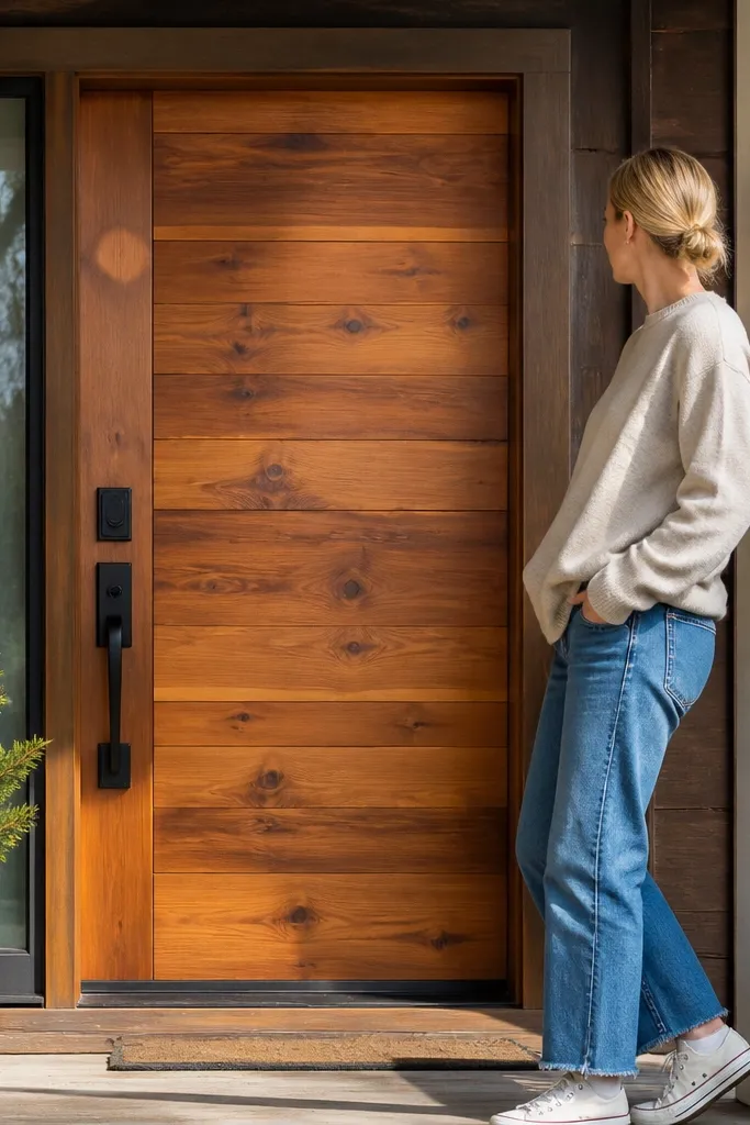 Front door covered with cedar boards and a clear protective finish