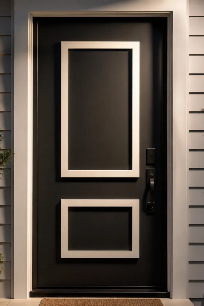 Door with three layered rectangle panels painted in contrasting colors