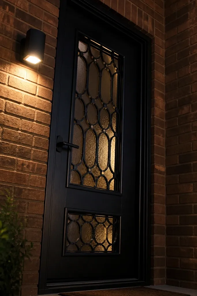 Door with decorative iron-style panels and a deep black metallic finish