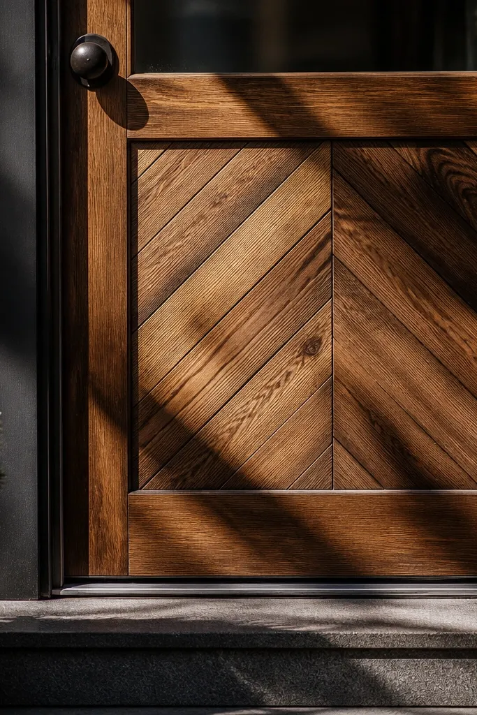 Front door with a lower herringbone wood pattern in natural stain