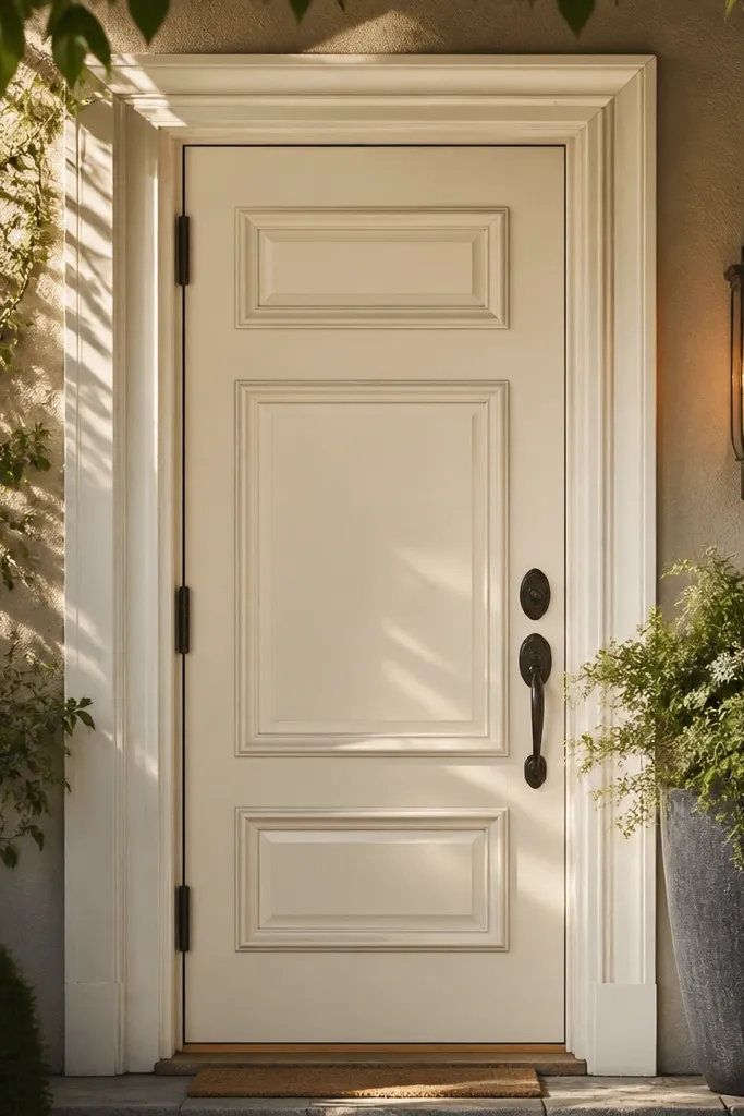Antique white front door with layered raised panel look
