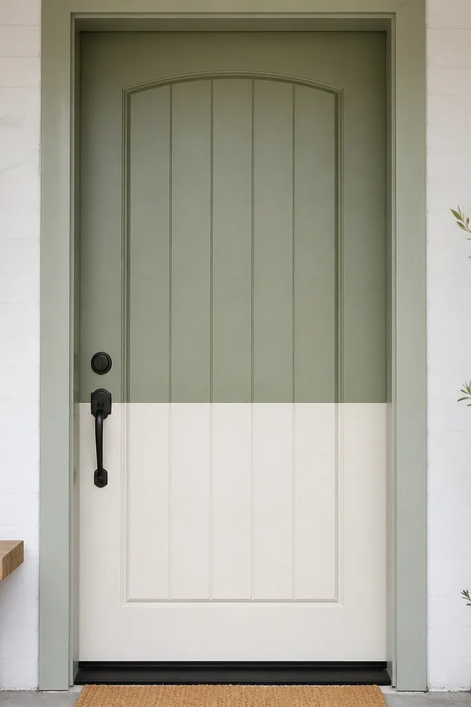 Front door split into two colors with a crisp shadow-line separating top and bottom