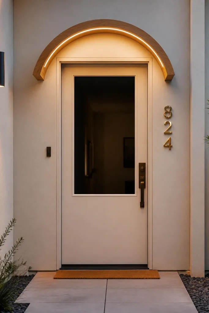 Front door with a small half-round wood canopy above a glass panel