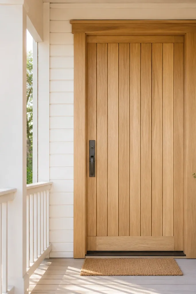 Front door with vertical board-and-batten lines and a light natural stain