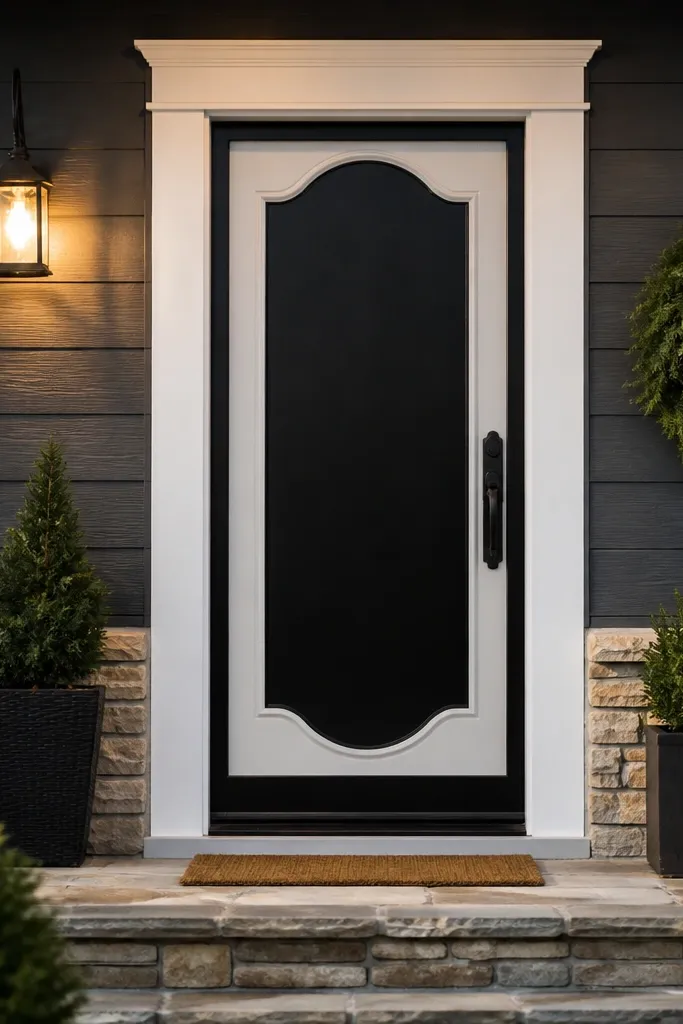 White framed front door with a dark center panel for seasonal wreaths
