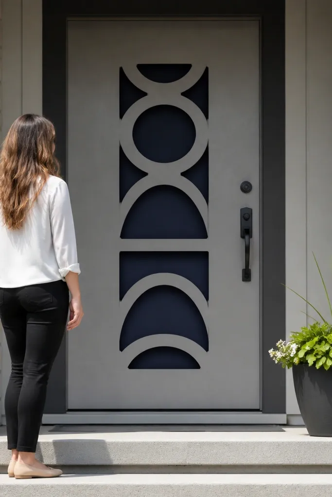 Front door with a geometric cutout insert painted in contrasting colors