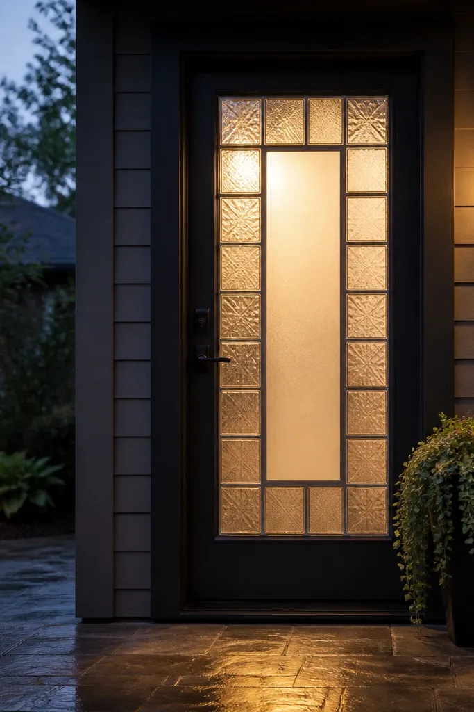 Door with clear glass panel covered by grid lines and frosted film