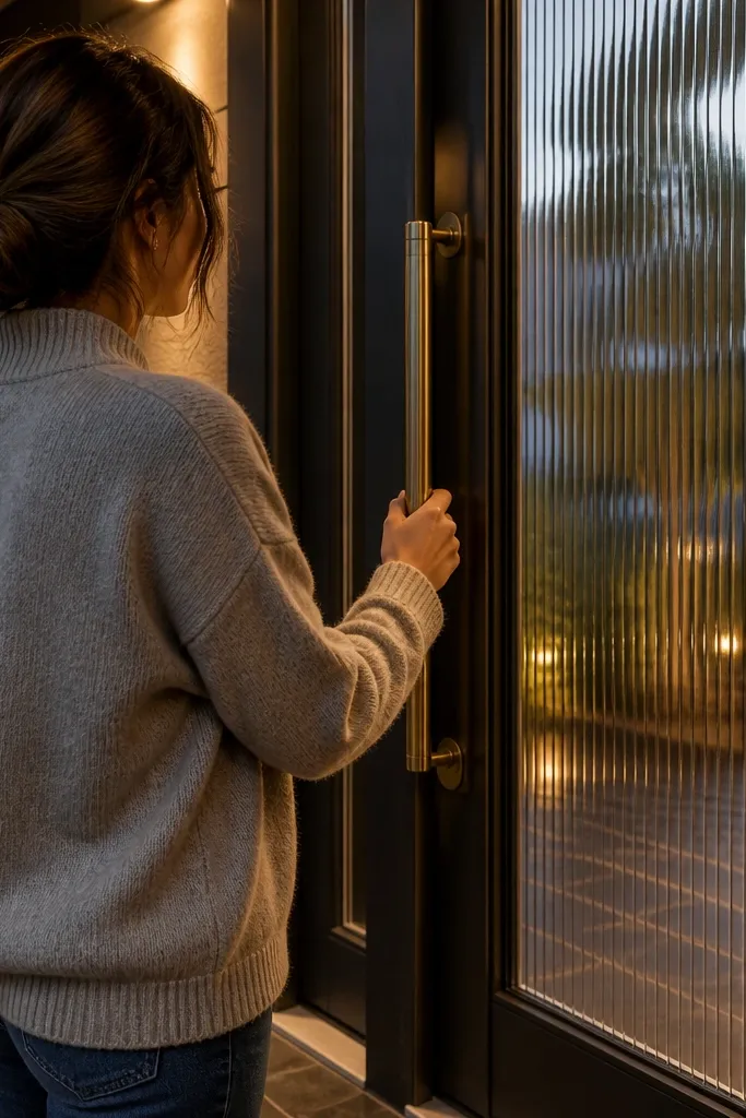 Front door with reeded glass-like overlay and a brass pull handle