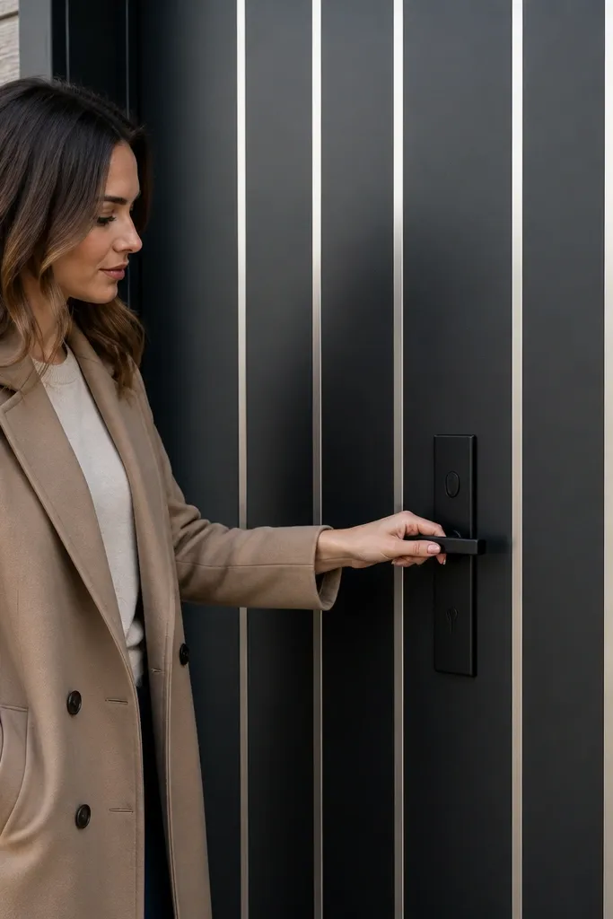 Front door with vertical metal accent strips and matte black handle