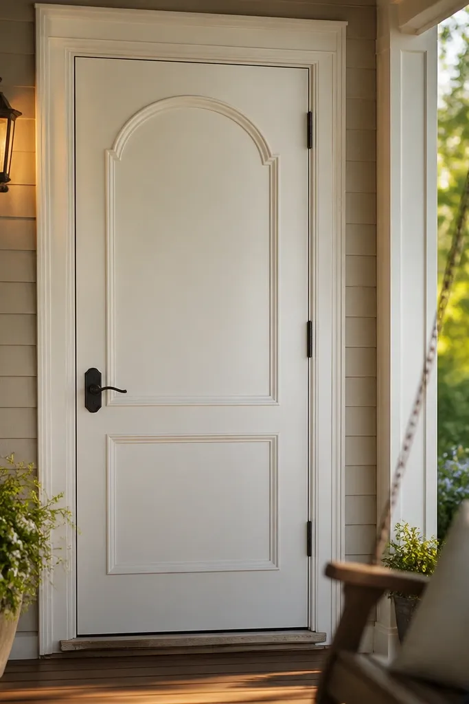 Plain front door with an arch trim detail above the main panel