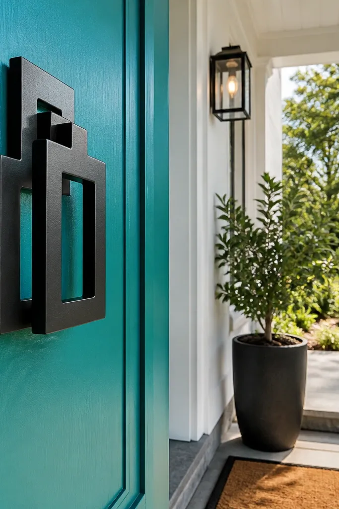 Bright colored front door with a large geometric knocker plate
