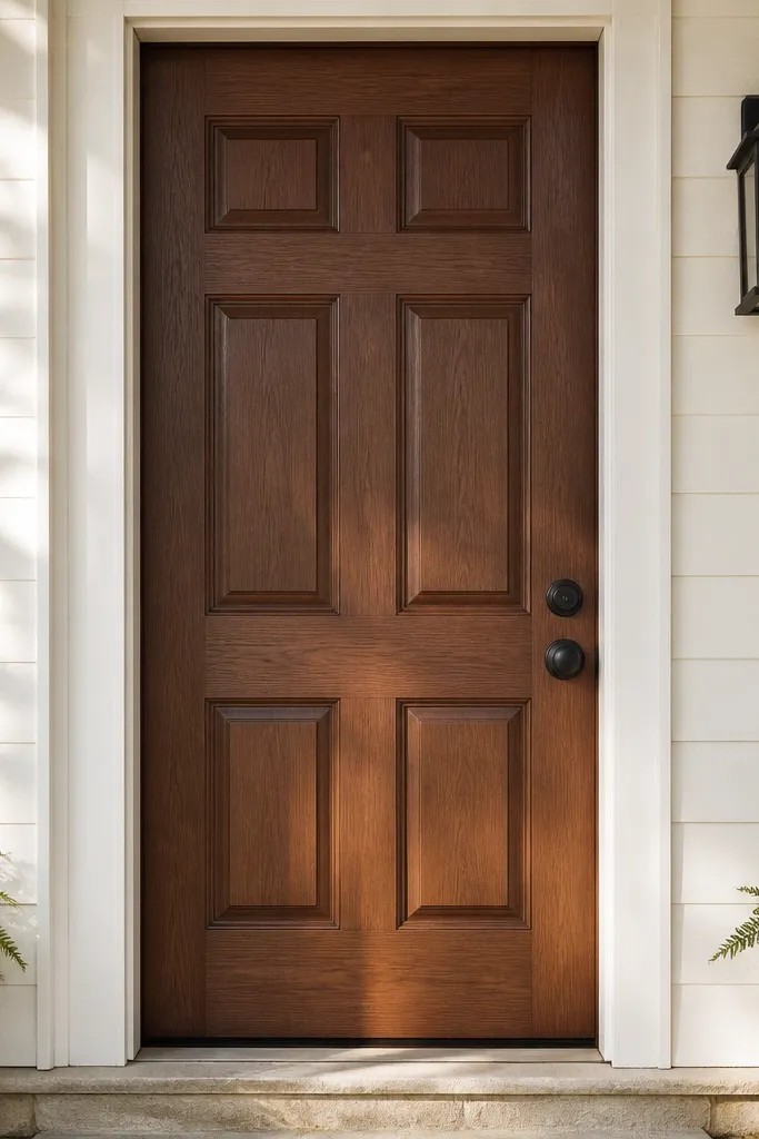 Dark walnut-looking 6-panel door with satin black handle and knocker