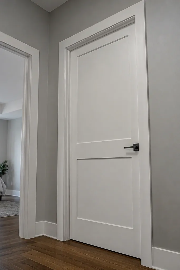 White shaker-style door with thick casing trim outline and modern black handle
