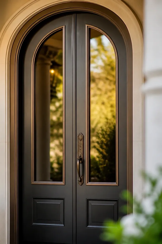 Door with arched top, frosted glass lite, and bronze trim around the frame