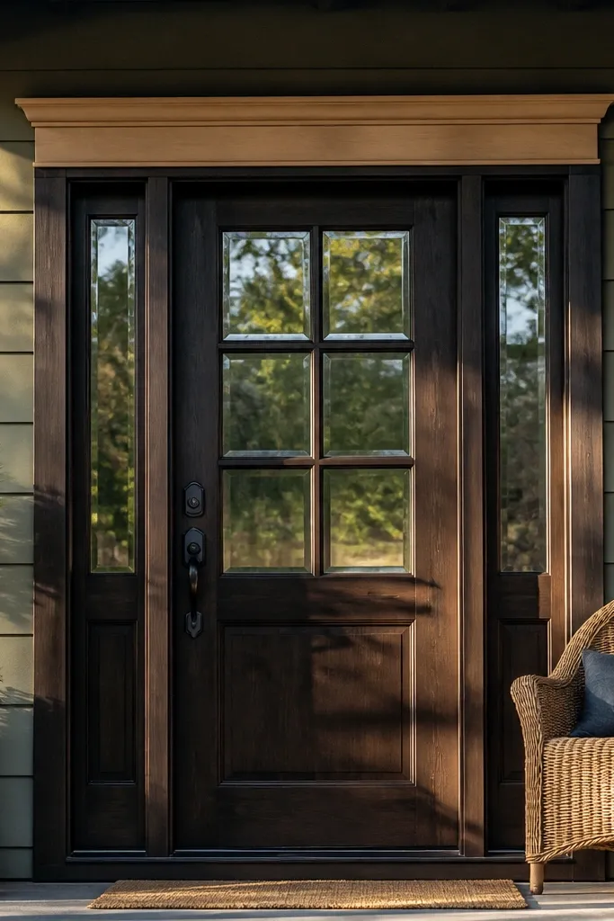 Door with cross mullion glass pattern and a small crown trim above the top rail
