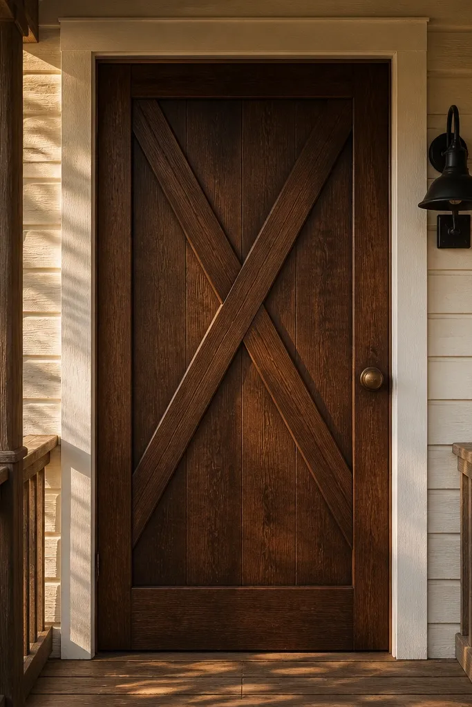 Dark stained door with two diagonal X panels and simple black hardware