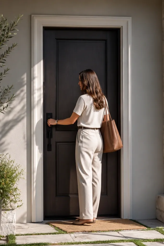 Dark panel door with light-colored casing and matching light trim around the frame