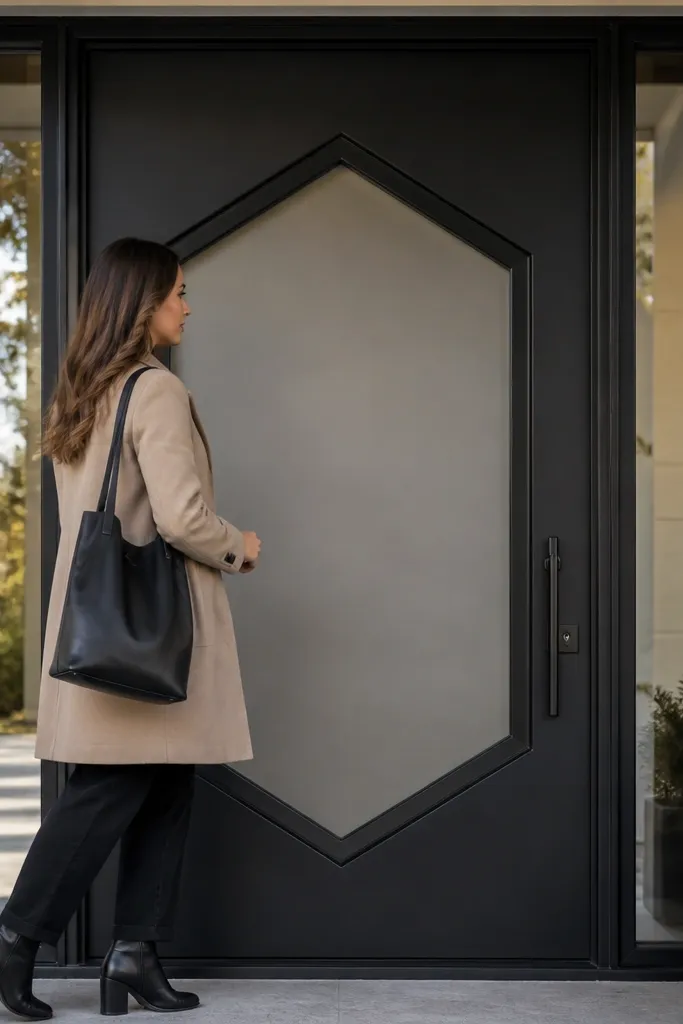 Door with a hexagon center insert and matte black trim frame