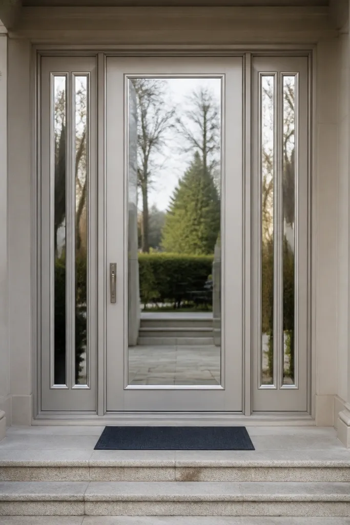 Door with mirrored-style panels and tall sidelights framing the entry