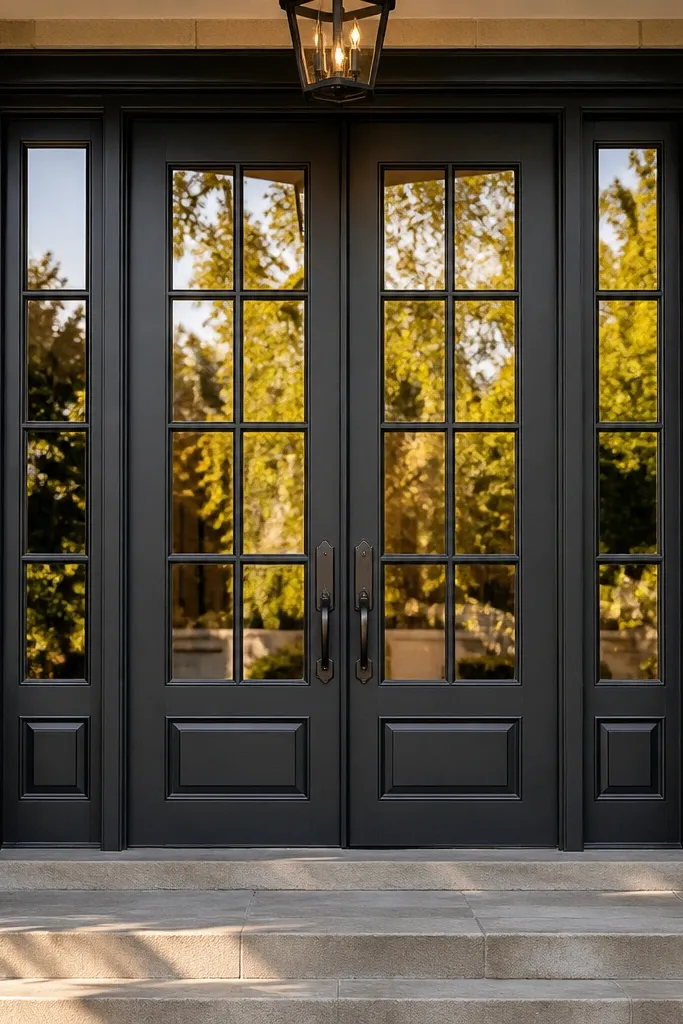 Glazed main door with divided grid panes and black iron handle