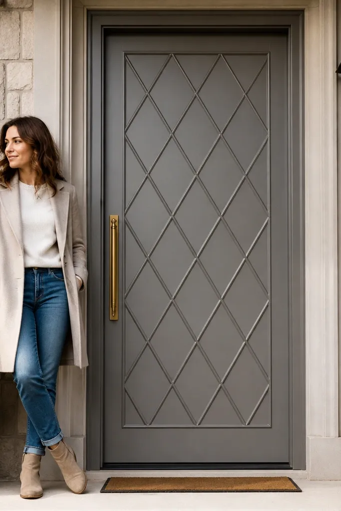 Warm gray door with diamond overlay pattern and brass pull handle