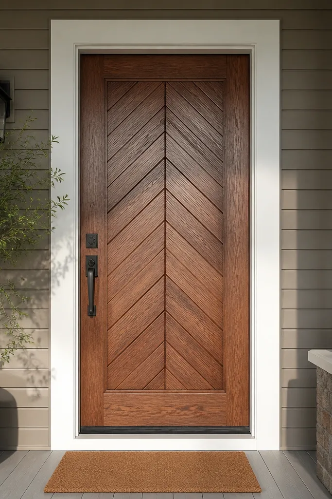 Door with herringbone center accent and white trim border with bronze handle