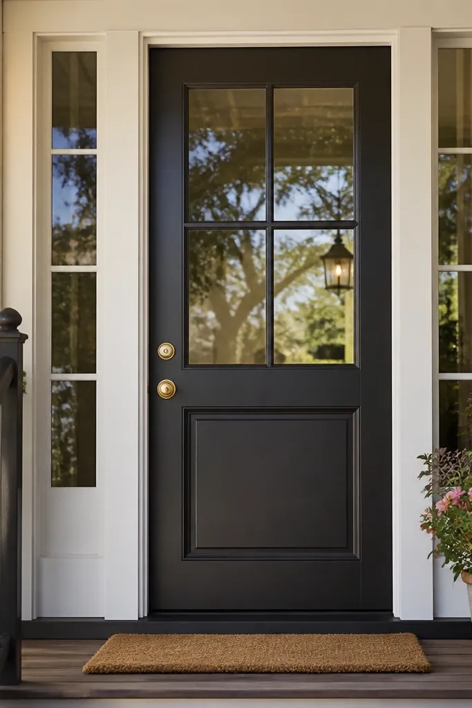 Door with glass top section and wainscot-style lower panels with brass knob