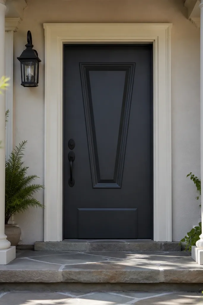 Door with raised keystone center panel and matching trim casing