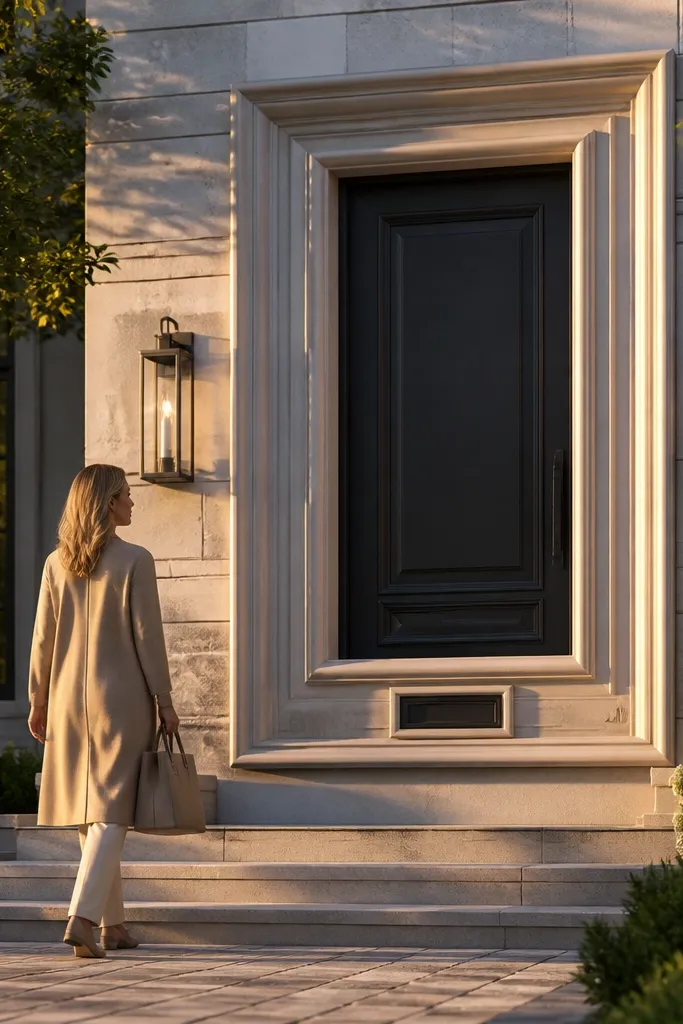 Door in an oversized picture-frame casing with a small address niche
