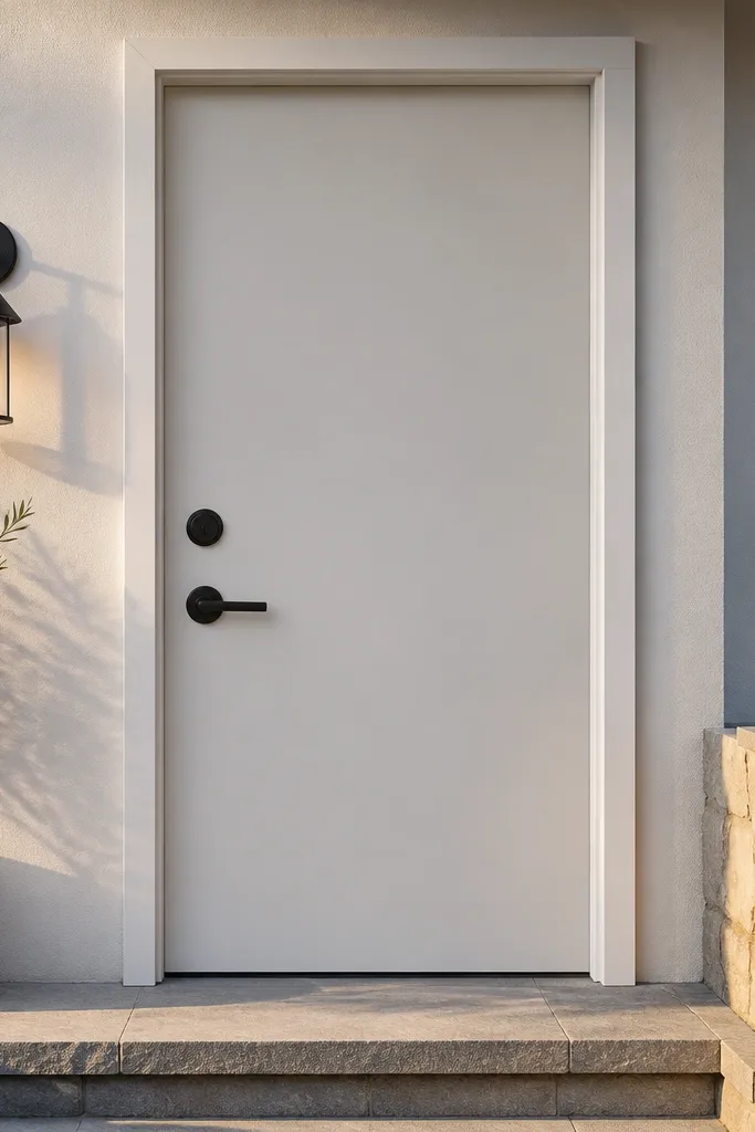 Off-white flat door with matte black handle and deadbolt