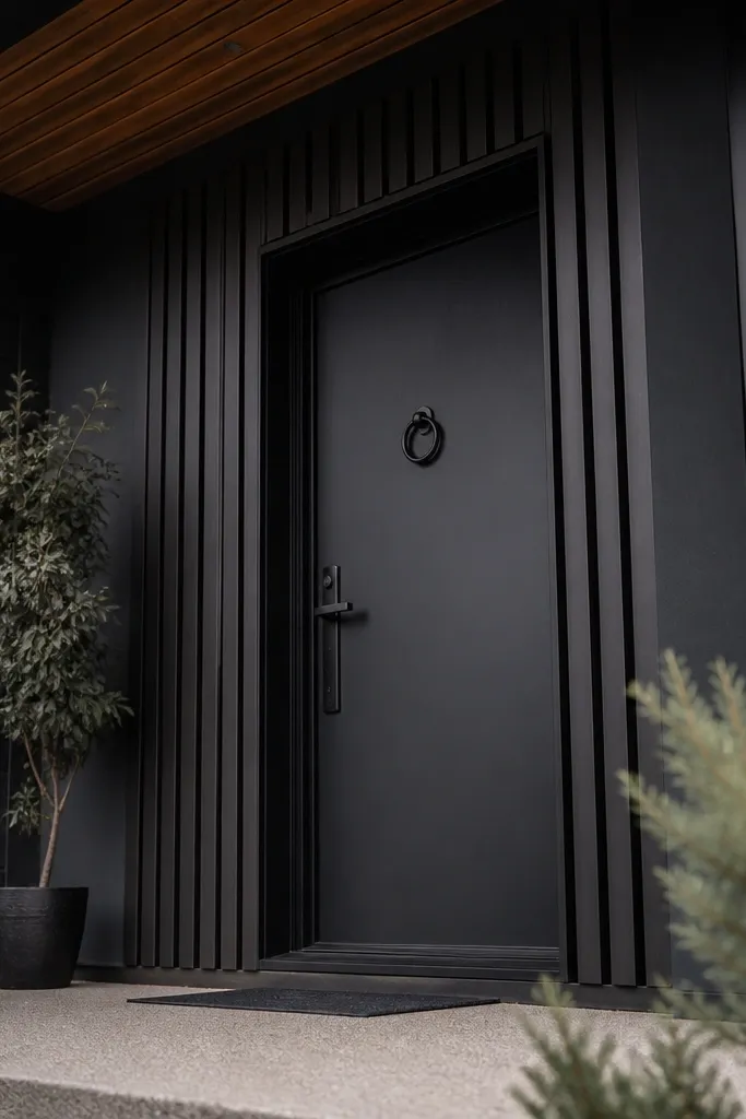 Charcoal front door with slim vertical slats in a rectangular frame
