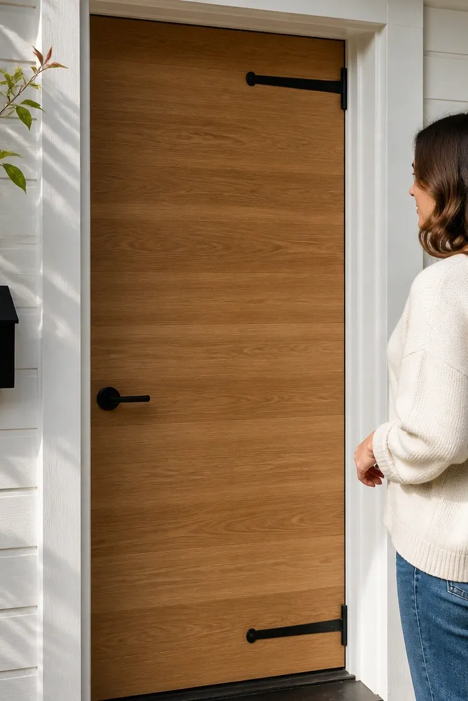 Warm wood-veneer door with clean horizontal grain lines